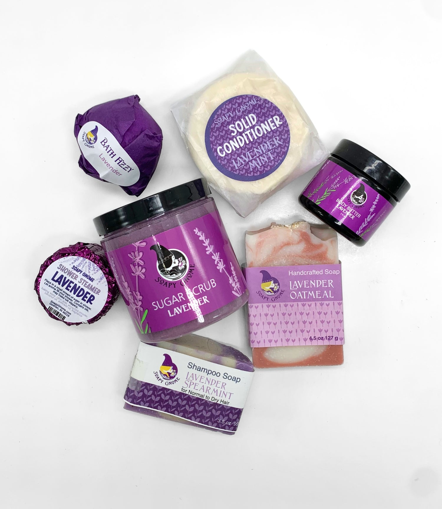 Assortment of Soapy Gnome Lavender products displayed on white background