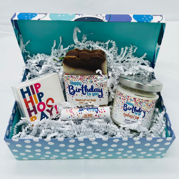 Happy Birthday Bundle: Confetti Cake Soap, Confetti Cake Lip Balm, Confetti Cake Candle, Happy Birthday Card