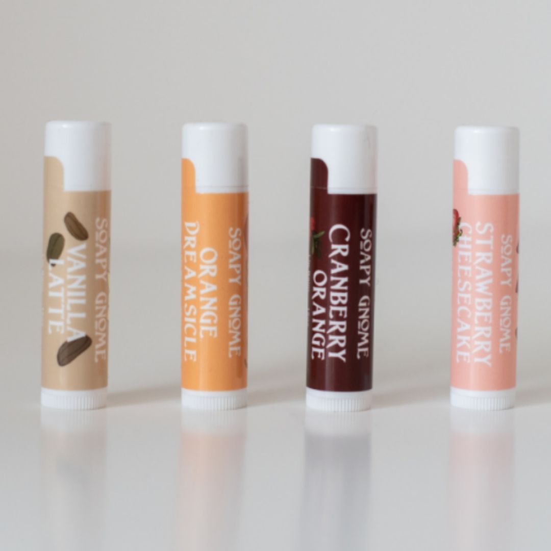 Soapy Gnome Lip Balms: Strawberry Cheesecake, Cranberry Orange, Orange Dreamsicle, Vanilla Latte